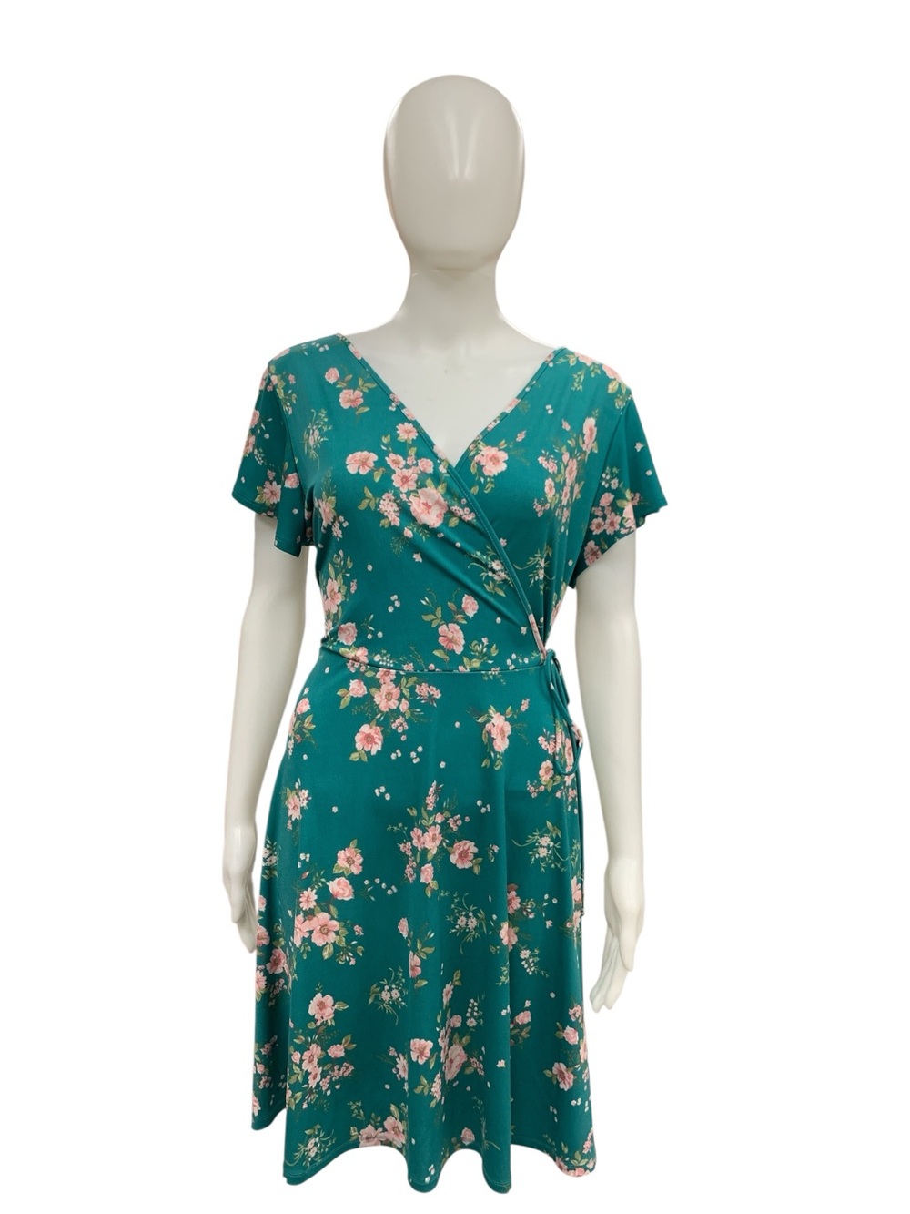 Gilli Teal Floral Wrap Midi Dress with Pink Blooms
